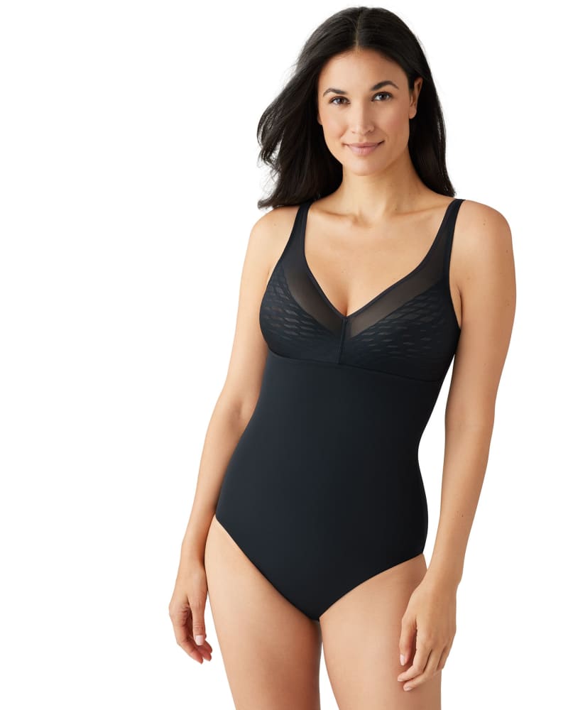 Front of a model wearing a size 38DD Elevated Allure Wire Free Shaping Body Briefer in Black by Wacoal. | dia_product_style_image_id:304099